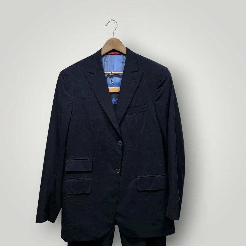 Isaia Napoli Men Navy Blue Windowpane Wool Silk Suit 150s Aqualight IT 52/ US 42